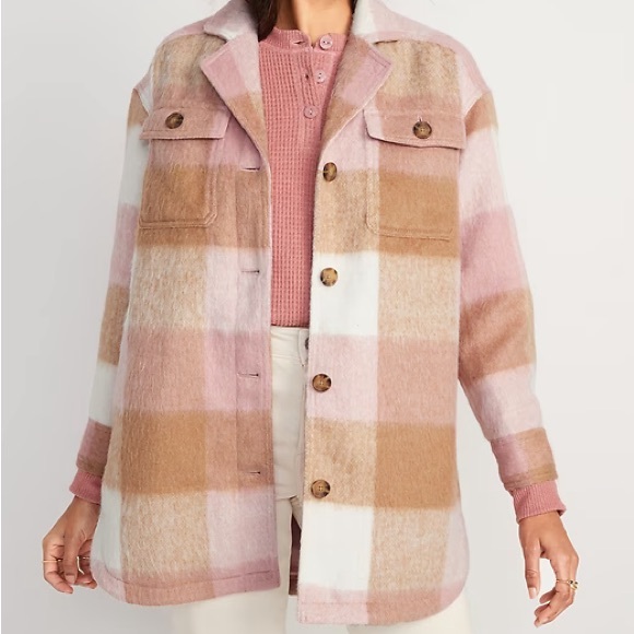 Old Navy Printed Flannel Long Utility Shacket Pink Plaid - Picture 1 of 3